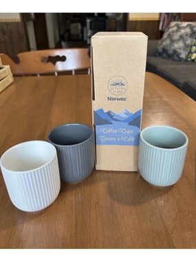Norwex Ribbed Ceramic Coffee Cups Trio - White, Gray, Blue-Green